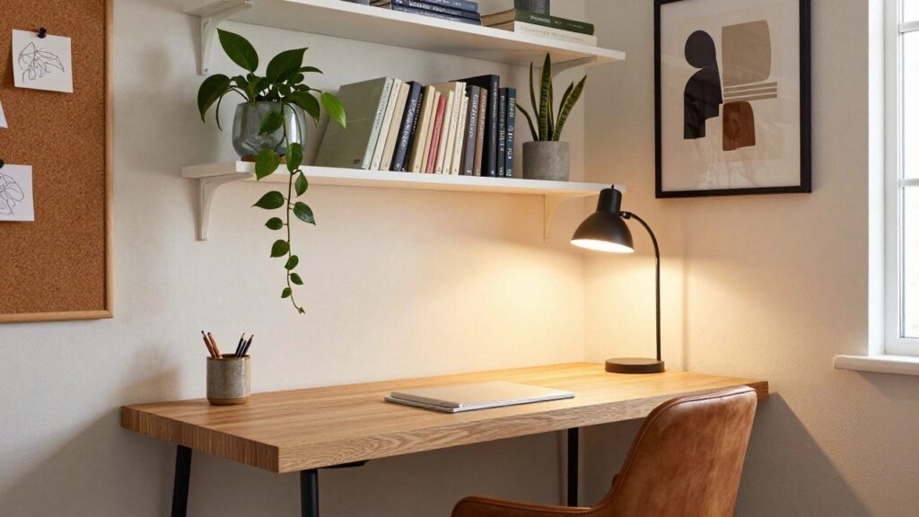 Home office corner featuring white floating shelves with books, trailing pothos plant, and gray candle; white desk with black adjustable lamp, polka-dot mug, and pen holder; tall snake plant in cream pot beside desk; brown leather swivel chair; corkboards on wall near window.