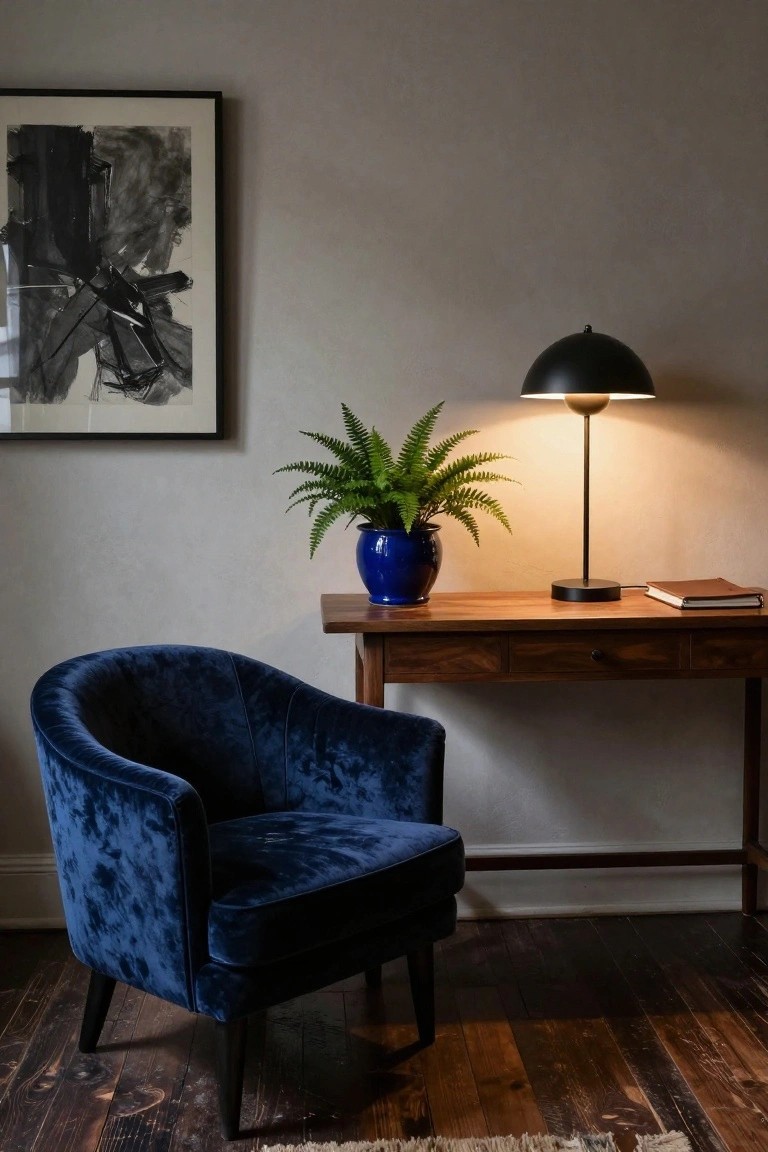 Navy blue velvet tub chair beside a wooden desk drawer unit holding a leather notebook, black dome lamp, and blue ceramic pot with fern plant, plus abstract ink drawing on wall in a softly lit room with hardwood floors.