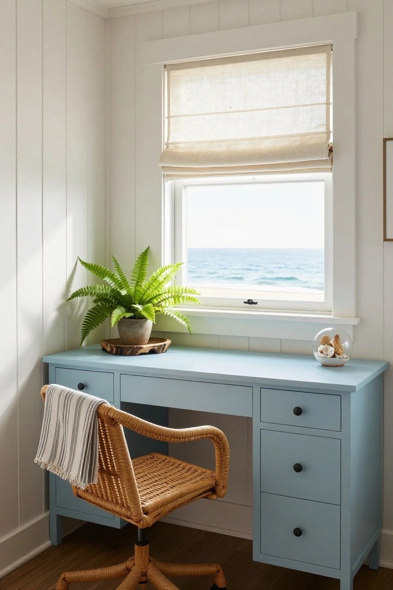White shiplap-walled office corner with light blue desk, rattan chair with draped towel, potted fern on wood base atop desk, seashell dome, and window with beige roman shade overlooking ocean.