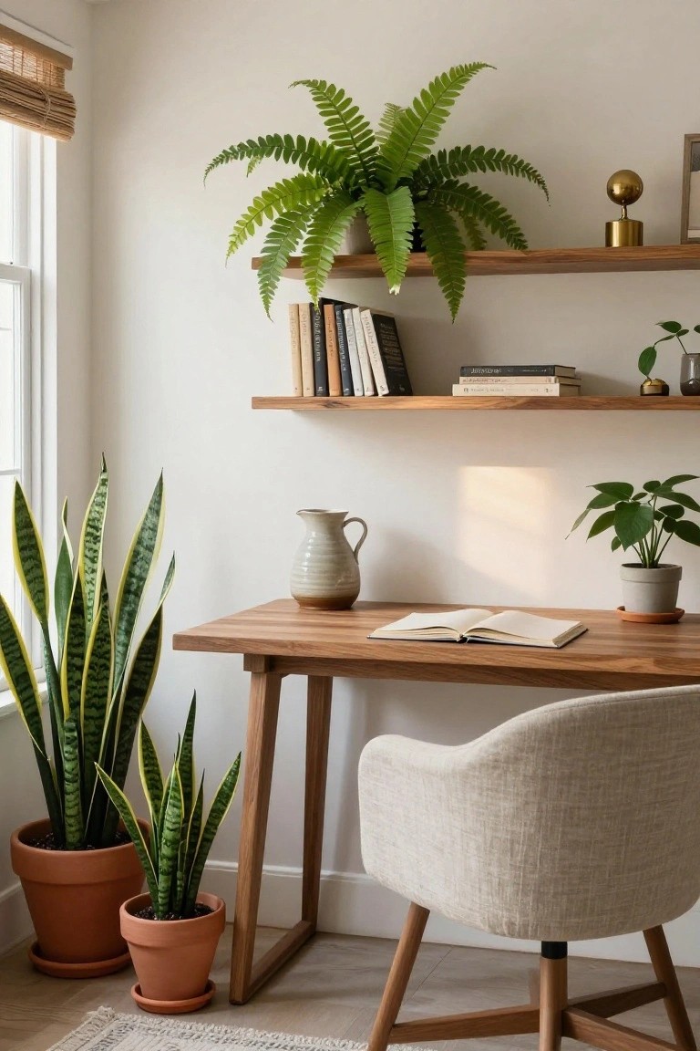 Wooden desk with open book in a bright corner room, flanked by two potted snake plants, wooden floating shelves holding books and ferns above, cream fabric chair, and additional potted plants nearby.