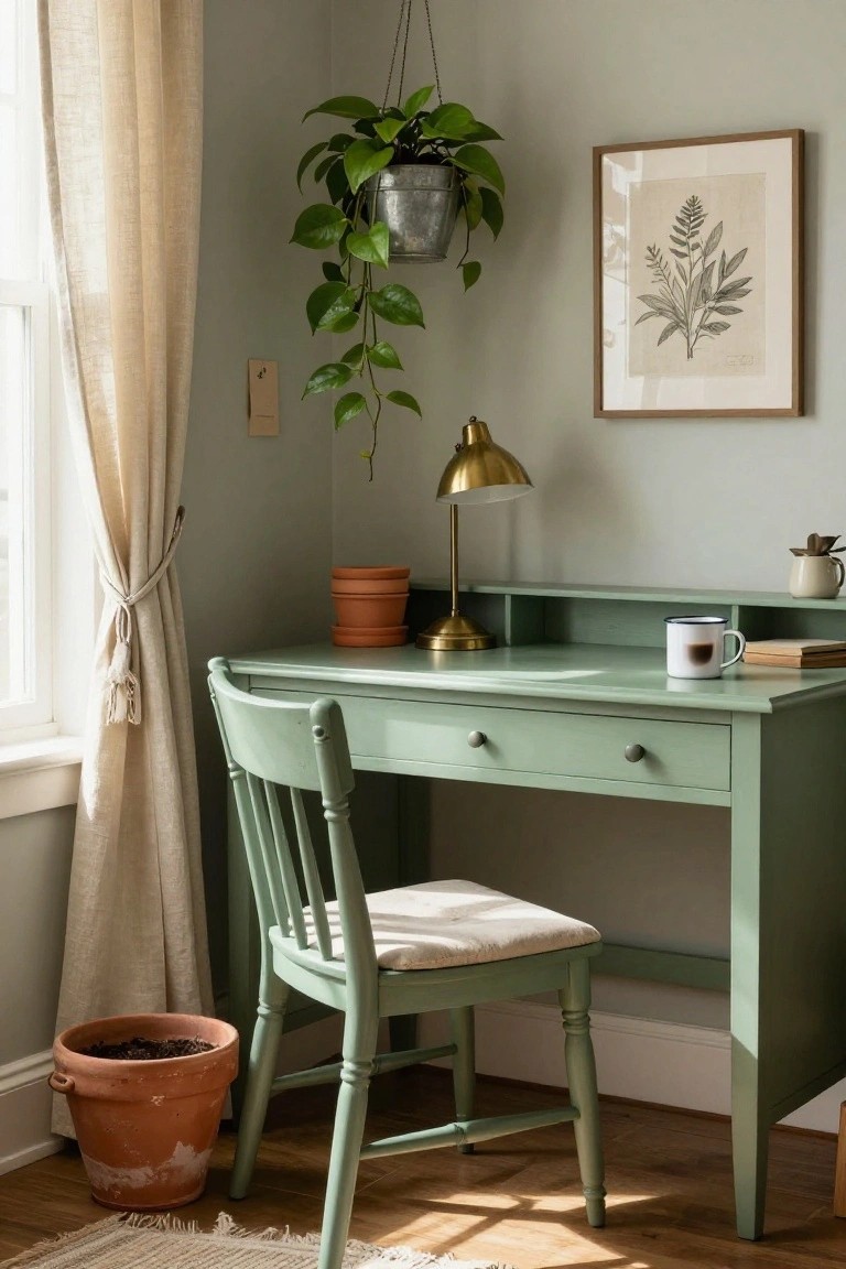 Corner home office setup with sage green painted wooden desk and matching chair, brass desk lamp, white enamel mug with coffee, stacked books, small terracotta pots, hanging trailing plant in galvanized bucket, framed leaf print, and sheer curtains on window in pale gray room.
