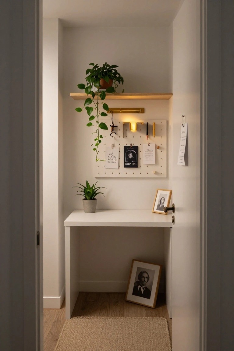 A compact white desk in a light-colored interior nook with a wooden shelf holding a trailing green pothos plant, a pegboard wall with notes and tools, a potted snake plant on the desk, and two small framed photos nearby.