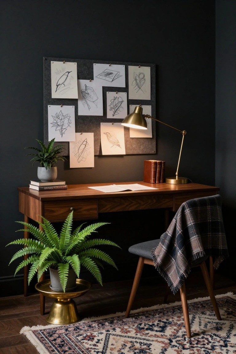 Dark corner home office with walnut desk, gray chair draped in plaid blanket, gold desk lamp, bulletin board of sketches, stacked books, small potted plant on shelf, large fern on gold pedestal, and smaller fern on desk shelf.