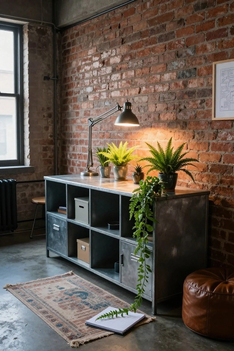 Corner of an industrial-style room with exposed brick walls, a gray metal shelving unit holding potted ferns, succulents, and trailing plants, an adjustable desk lamp, a small stool, leather pouf, and rug on concrete floor.