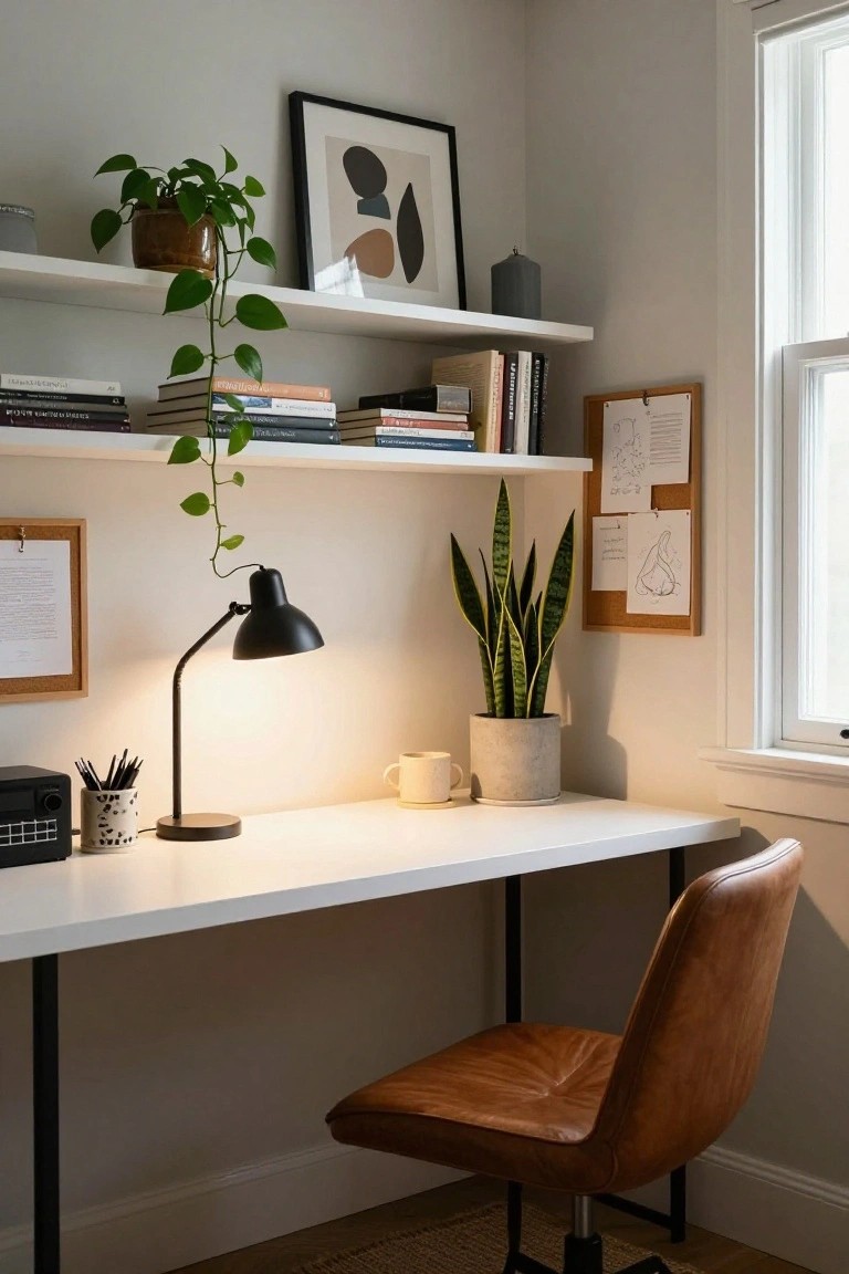 Home office corner featuring white floating shelves with books, trailing pothos plant, and gray candle; white desk with black adjustable lamp, polka-dot mug, and pen holder; tall snake plant in cream pot beside desk; brown leather swivel chair; corkboards on wall near window.
