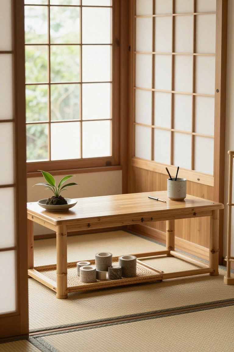 A small potted plant in a shallow dish on a low wooden coffee table with incense holders and a pen holder in a tatami-floored Japanese-style room with shoji screens and wooden elements.