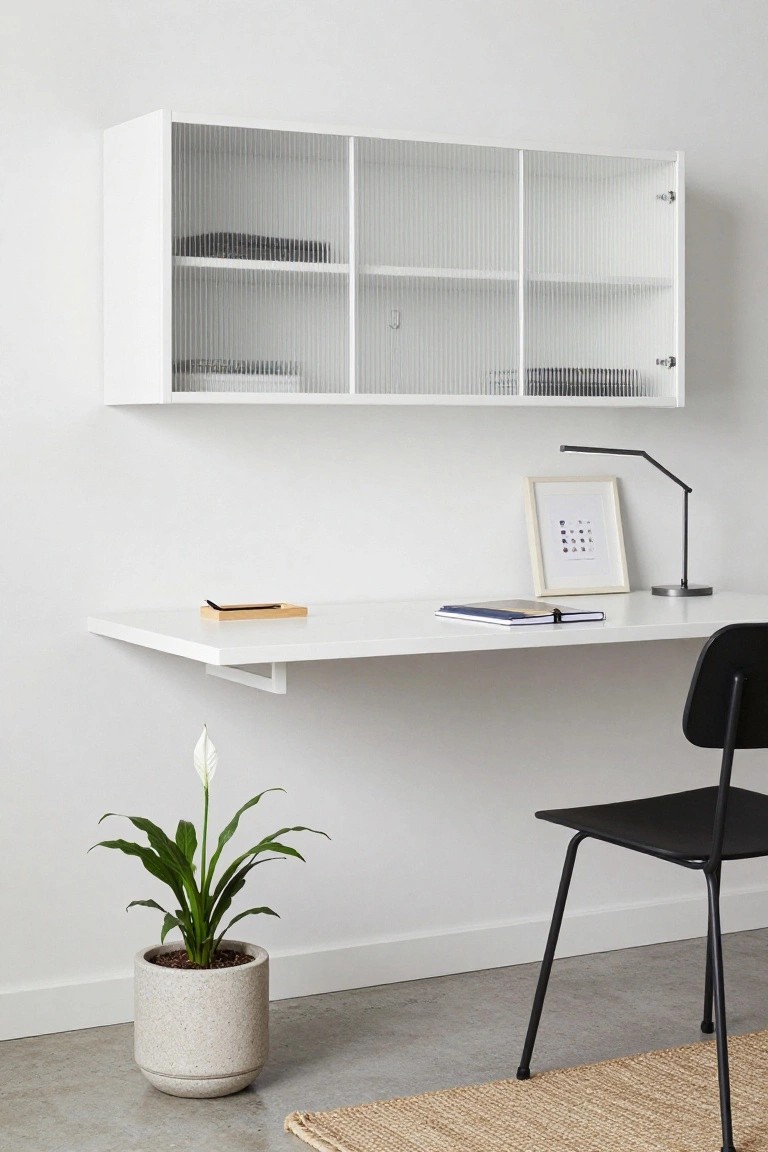 Modern white wall-mounted desk with floating cabinet, black chair, and potted plant.