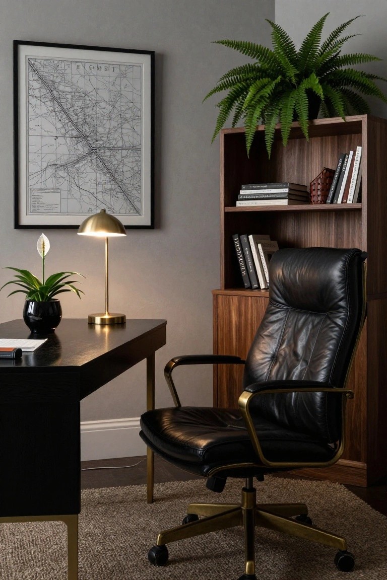 Home office corner with black desk holding papers and black pot peace lily plant beside gold dome lamp, black leather swivel chair, wooden bookshelf with books and potted fern above desk, peace lily wall plant, and framed map on gray wall.