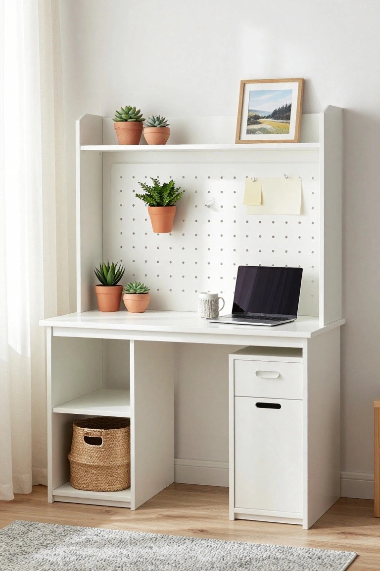 White desk with hutch featuring pegboard panel holding hanging potted plants and notes, open shelves with potted succulents, laptop and mug on desk surface, wicker basket in lower shelf, against a window with sheer curtain in a bright room.