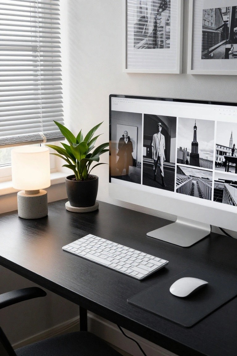 Black office desk with white wireless keyboard and mouse, large monitor showing black-and-white photos, green leafy plant in black pot on saucer next to concrete-based lamp, white blinds on window, and black office chair.