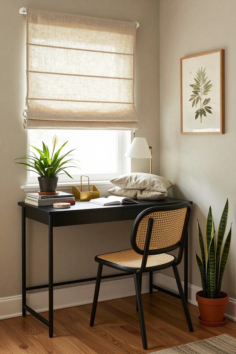 Corner home office with black metal desk holding books and notebook, rattan chair, tall variegated snake plant in terracotta pot next to chair, peace lily on windowsill, beige linen roman shade, gold lamp and tray, botanical wall art, beige walls, wood floor.