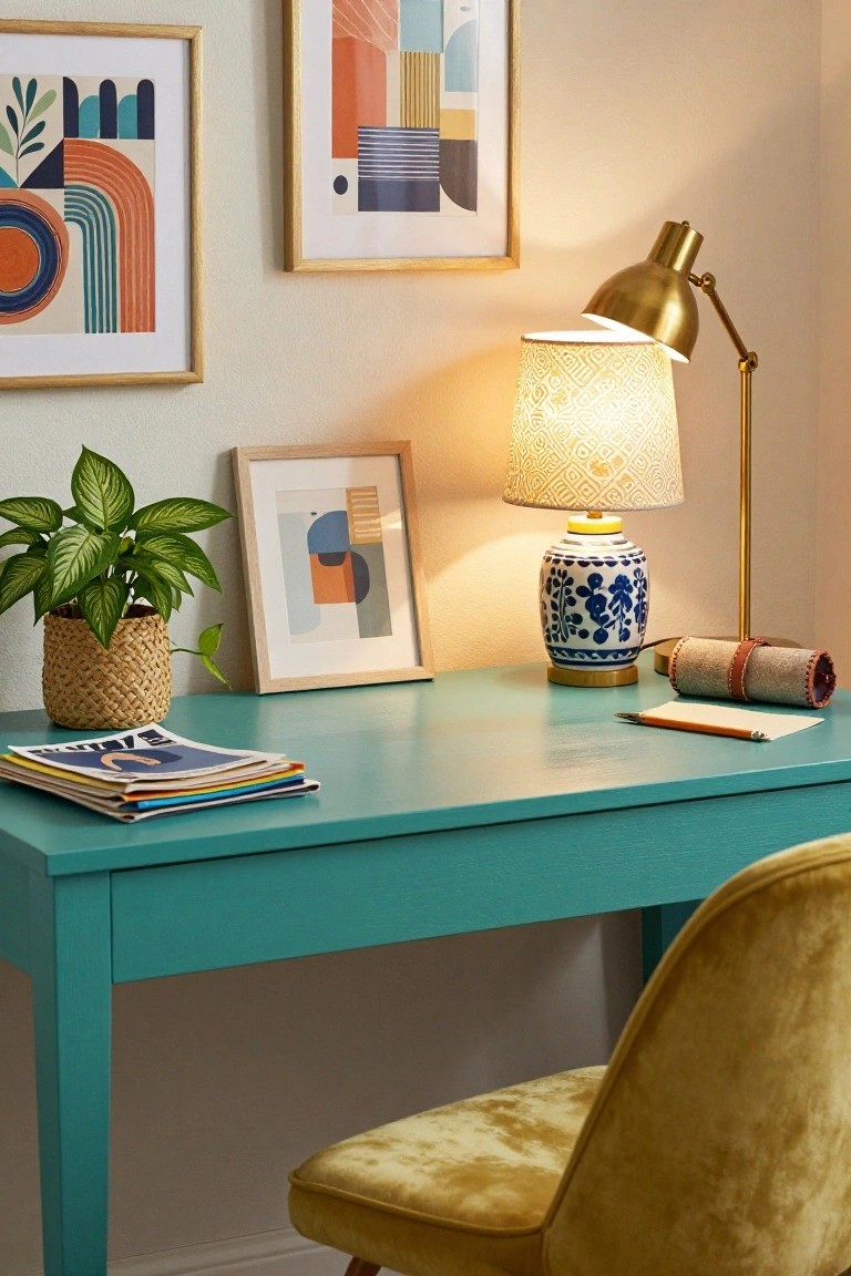 Teal wooden desk in a home office with a potted variegated green plant in a woven basket, stack of magazines, notebook, pencil, rolled paper, blue and white ceramic lamp, gold adjustable lamp, yellow velvet chair, and abstract framed art on beige walls.