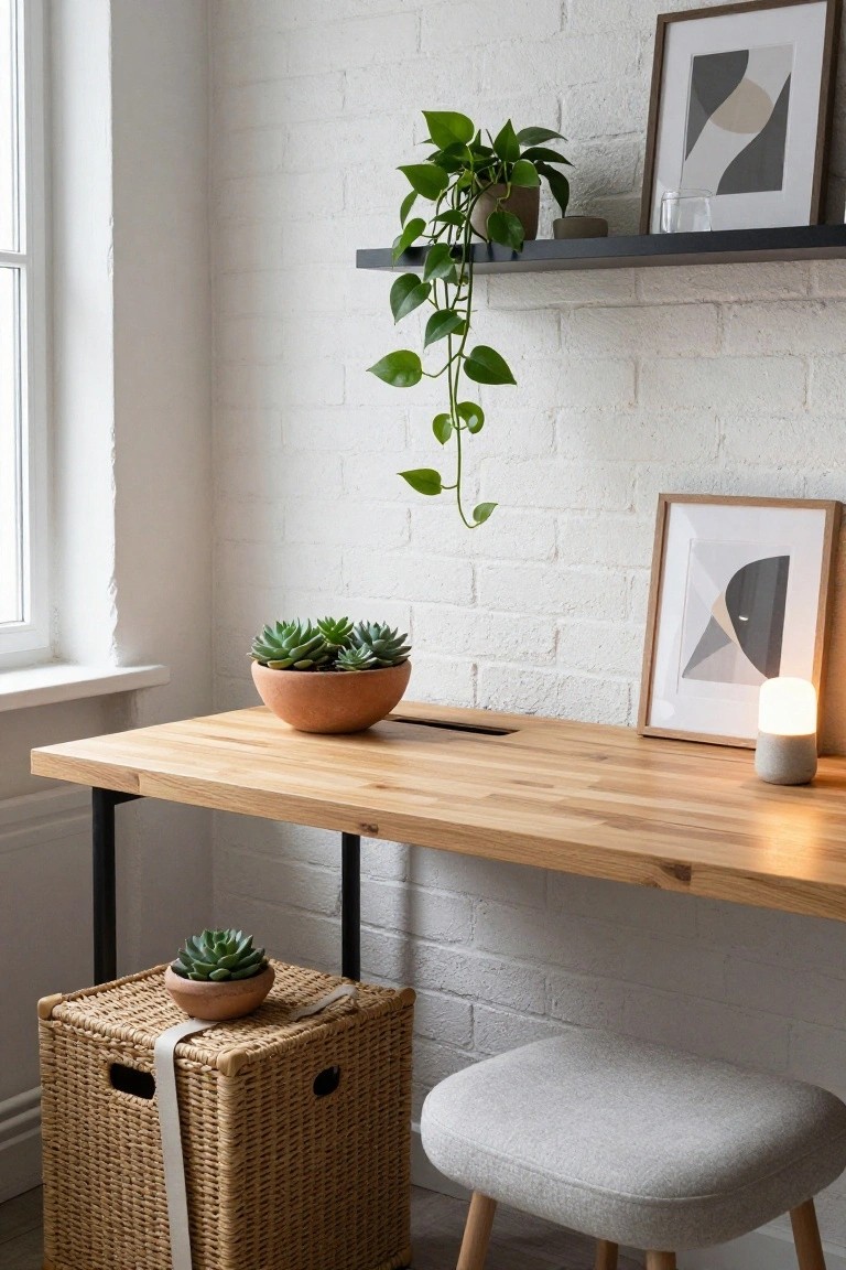 Minimalist wooden desk with potted plants, stool, and framed art against brick wall.