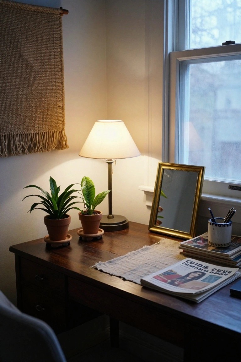 Wooden desk in a softly lit room with two terracotta pots holding low-light houseplants, a white lamp, gold-framed mirror, stacked magazines, and pens next to a window.