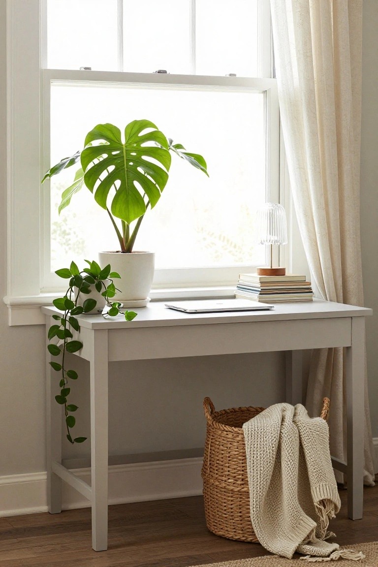 Minimalist white desk with monstera plant, laptop, books, and woven basket.