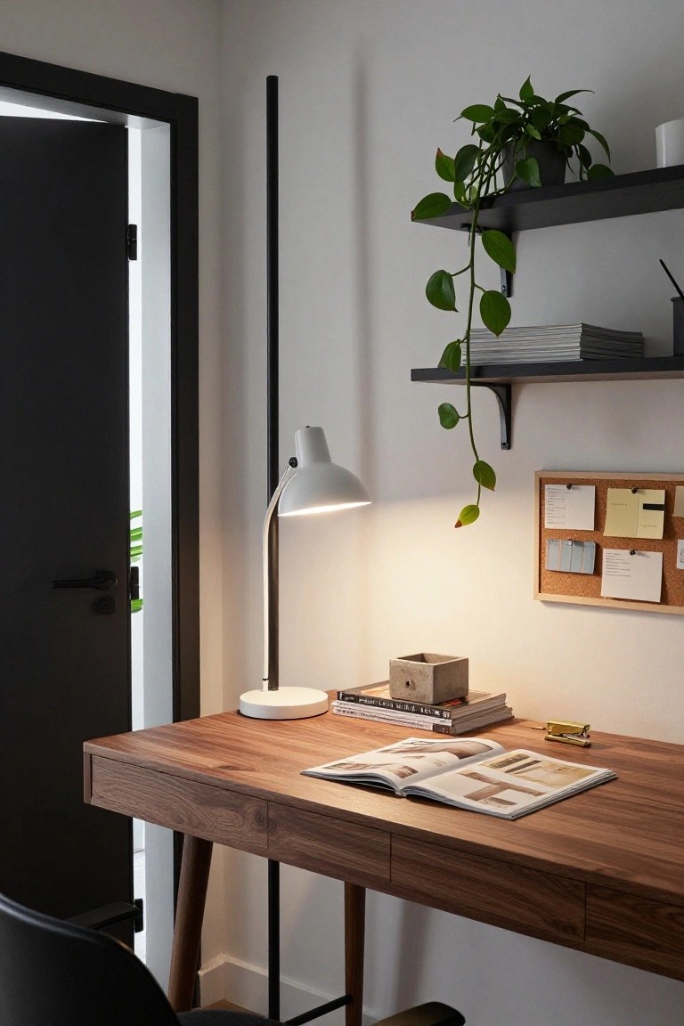 Modern home office interior with wooden desk, open magazine, desk lamp, black office chair, tall floor lamp, black wall shelves holding trailing green plant, stacked books, small potted plant, and corkboard with notes beside open door.