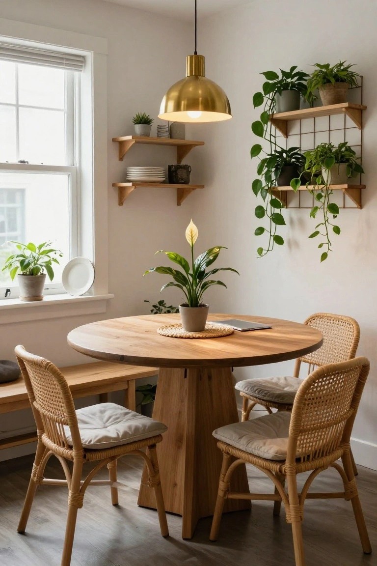 Cozy kitchen nook with round wooden table, rattan chairs with cushions, various potted plants including peace lily and trailing vines on wooden wall shelves and windowsill, brass pendant light overhead, natural light through window with blinds.