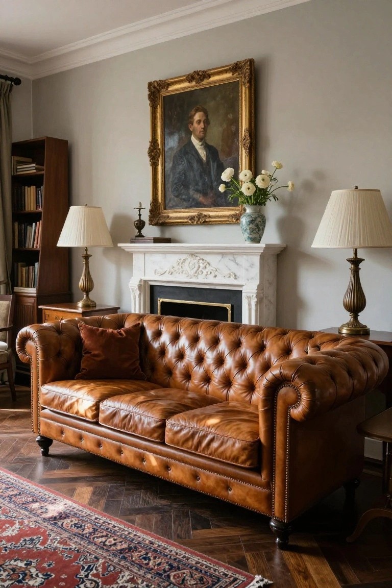 A brown tufted leather Chesterfield sofa sits in front of an ornate white marble fireplace in a traditional living room with gray walls, wooden bookshelves, brass lamps, a gold-framed portrait painting, white flowers in a vase, and a red Persian rug on herringbone floors.