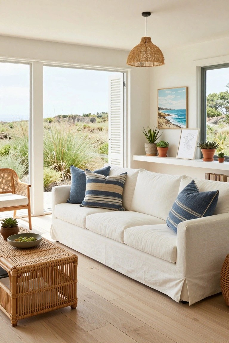 White slipcovered three-seat sofa with blue and beige striped pillows on a wooden floor in a bright living room featuring rattan furniture, potted plants, a woven coffee table, and large windows with coastal views.