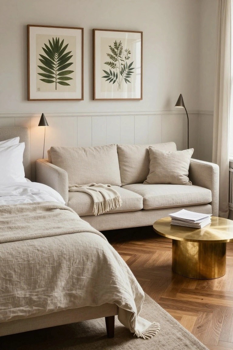 Bedroom corner with light beige sofa next to a bed draped in white linens, gold drum coffee table holding stacked papers, two arched wall lamps, paired framed leaf prints on paneled wall, and hardwood herringbone floor.