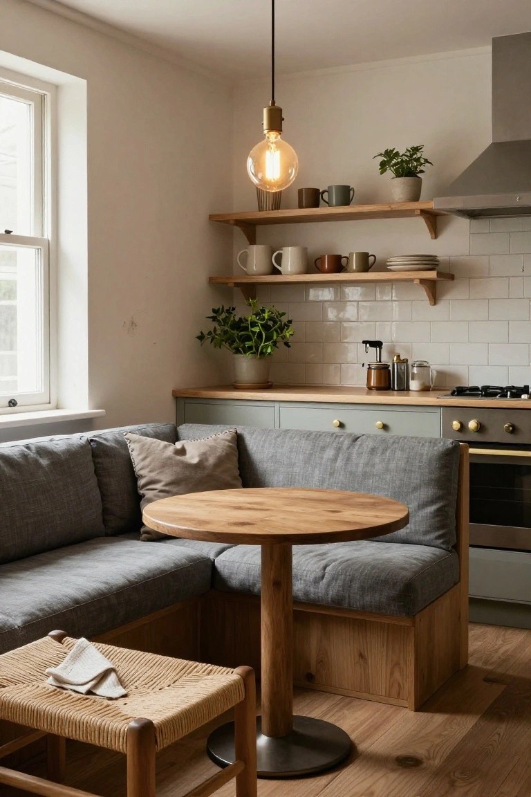 Small kitchen with L-shaped built-in gray upholstered bench around round wooden table, sage green cabinets, wooden shelves with cups and plants, white subway tile backsplash, and pendant light.