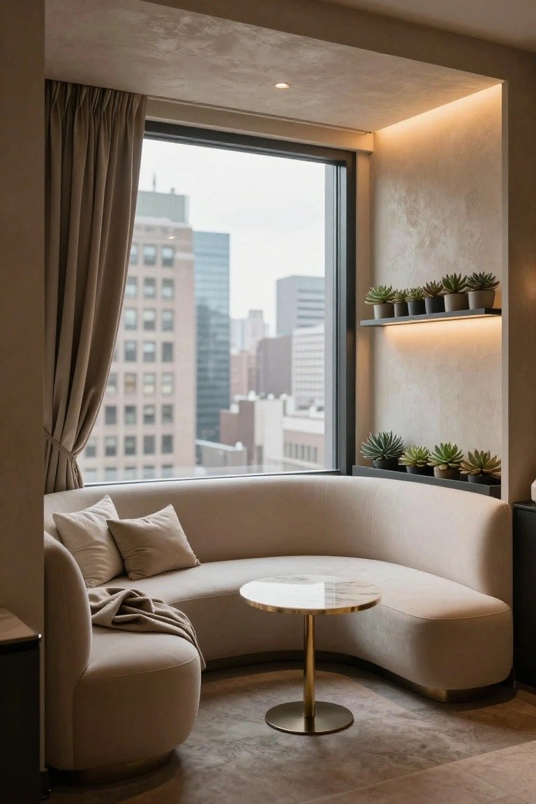 Curved beige sofa in a beige-toned room with large window showing city buildings, wall shelves holding potted succulents, and round marble-topped table on gold base.