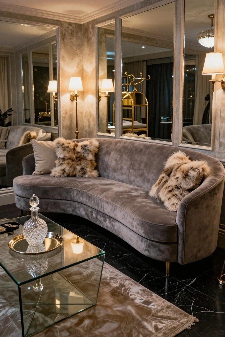 Curved gray velvet sofa with beige and fur pillows on a black floor next to a glass coffee table with a crystal decanter in a mirrored room with lamps and gold accents.