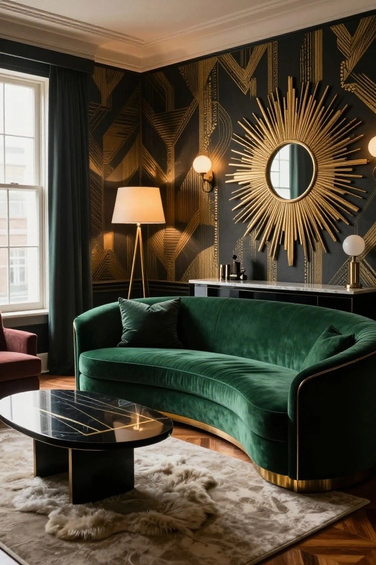 Curved emerald green velvet sofa with gold-edged base in a living room with black geometric wallpaper, large gold sunburst mirror, floor lamps, console table, and sheepskin rug on parquet floor.