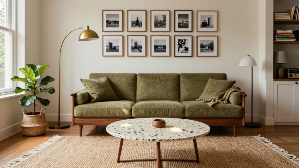 23 Luxurious Sofa Ideas That Bring High-End Style Home Cozy living room corner with a green velvet sofa on wooden legs, flanked by wooden bookshelves filled with books, a fiddle leaf fig plant by a large window, framed black-and-white photos on walls, and a speckled round coffee table on a seagrass rug.