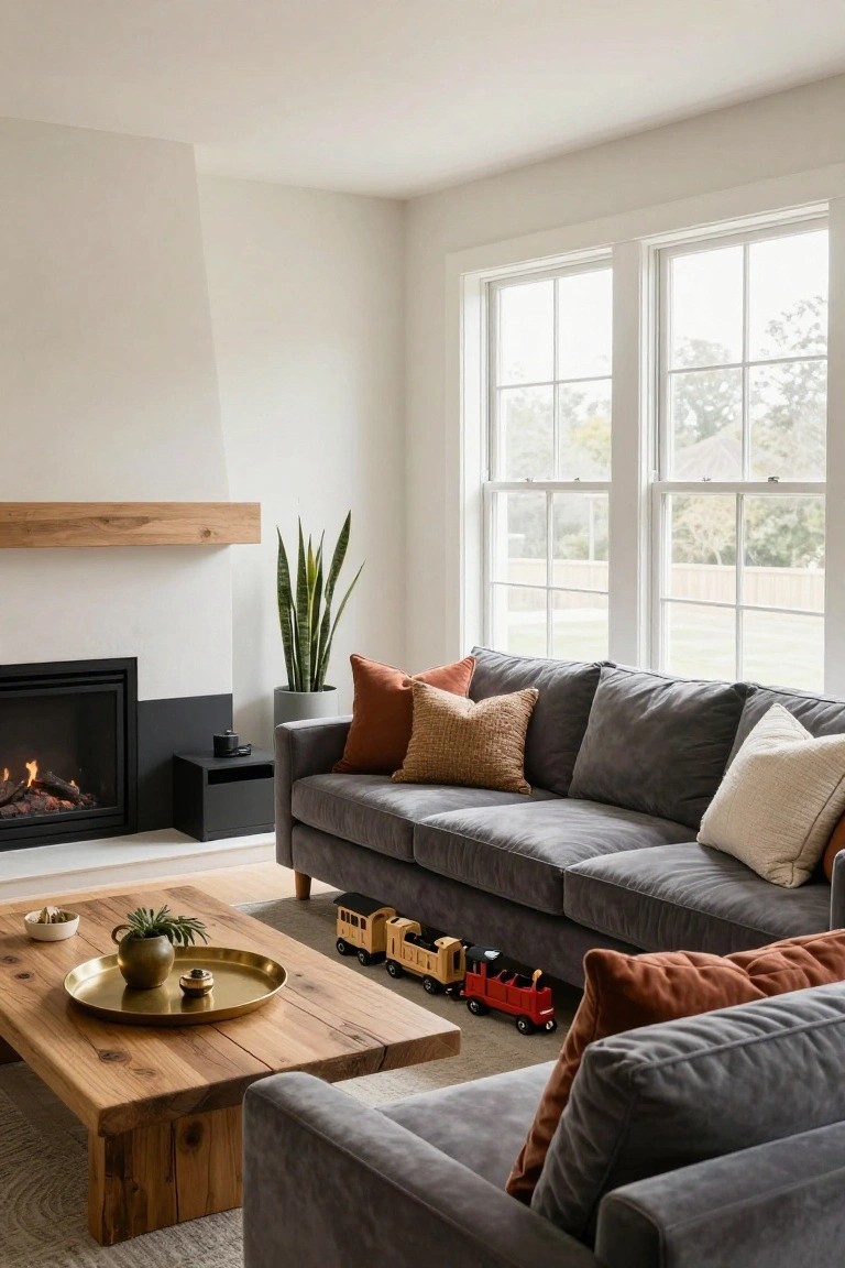 A modern living room with a low-profile gray sectional sofa piled with assorted pillows, wooden coffee table holding a toy train and brass trays, snake plant, gas fireplace, and large double windows.