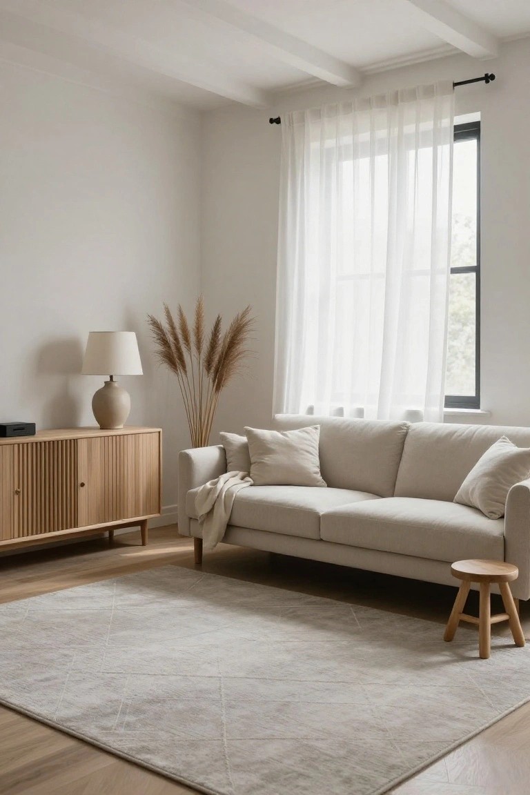 A light beige three-seater sofa with pillows and a throw blanket in a minimalist living room, next to a wooden credenza with lamp and pampas grass, sheer curtains on a window, light gray rug, and wooden stool.