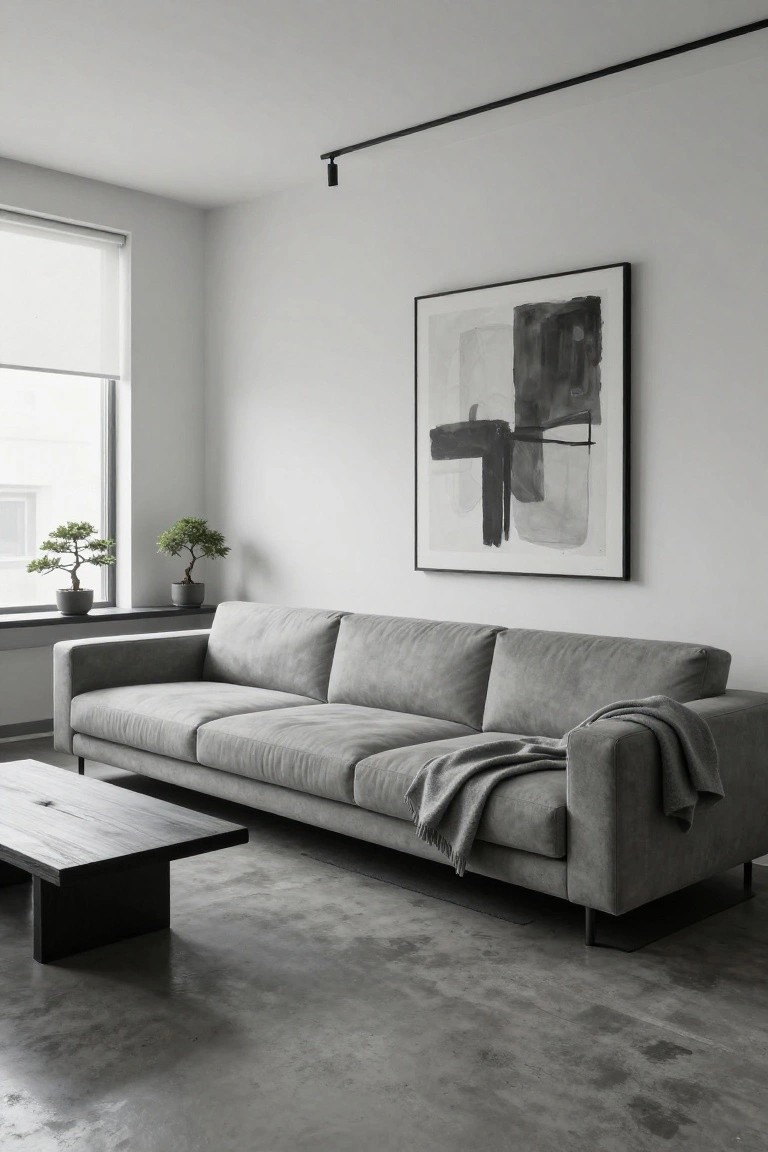 Modern living room with low gray three-seat sofa draped with gray throw, black wood coffee table, two bonsai plants on windowsill, large abstract black and white artwork on wall, polished concrete floor, and track lighting.