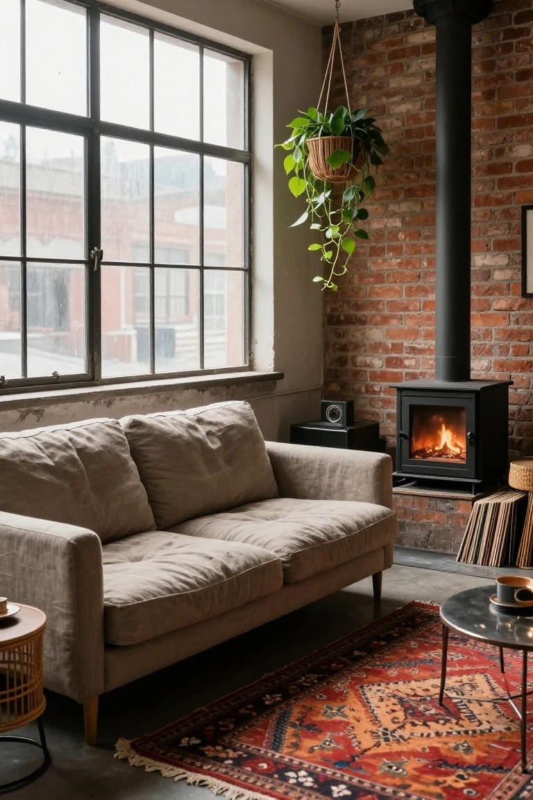 Beige low-slung linen sofa in a brick-walled loft living room with large industrial windows, black wood-burning stove with fire lit, hanging green plant, woven side table, metal coffee table with cup, and stack of vinyl records nearby.