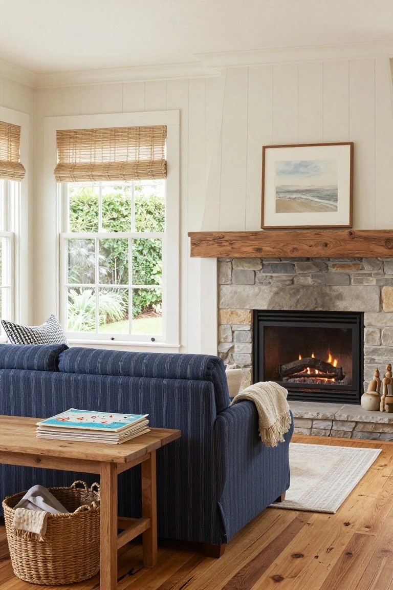 Living room with navy blue striped sofa facing stone gas fireplace, bamboo window shades, wooden coffee table holding books, wicker basket on floor, and hardwood flooring.