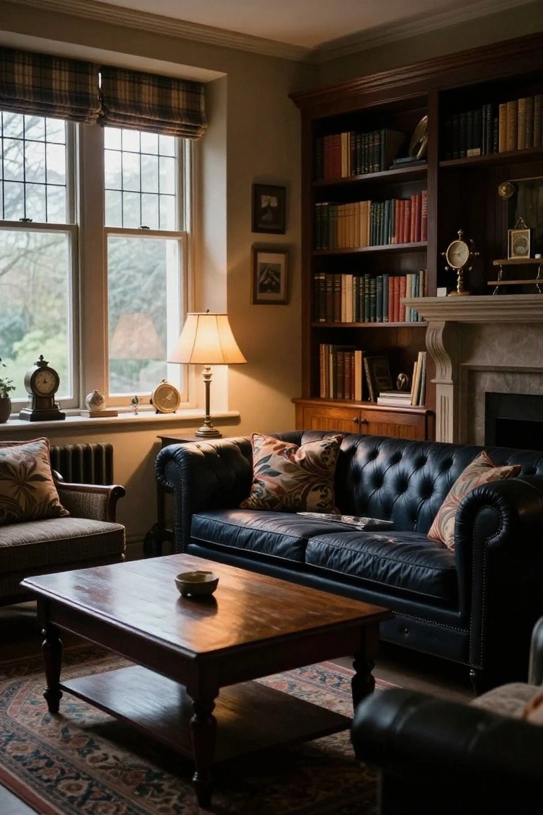 Cozy library interior with navy tufted leather sofa on a patterned rug, flanked by wooden bookshelves, a lit table lamp, fireplace, and large leaded windows showing trees outside.