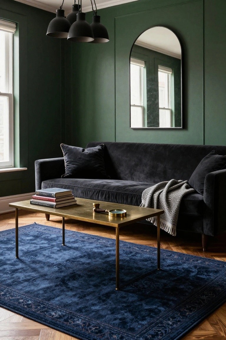 A living room with emerald green walls, black velvet sofa with pillows and gray throw, brass coffee table holding books and ashtray, blue patterned rug, arched black mirror, and black pendant lights over hardwood floors.