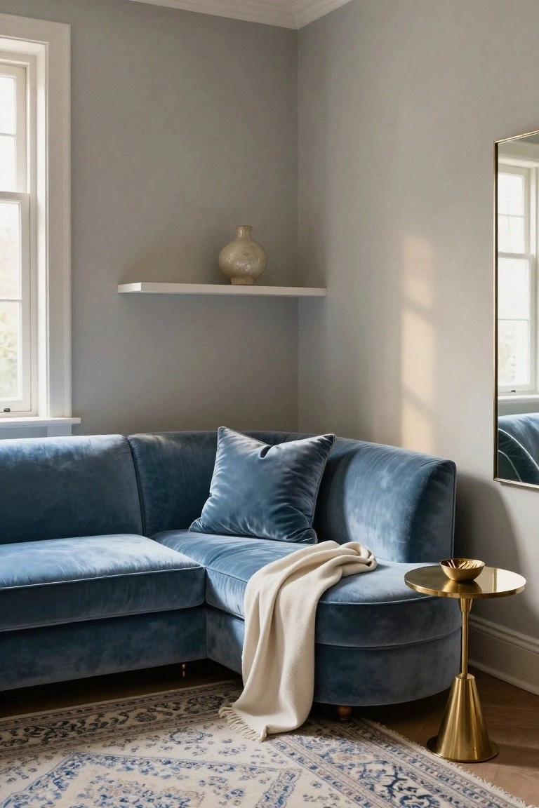 Corner of a living room with a blue velvet L-shaped sofa draped with a white throw blanket and pillows, a gold side table with a bowl, a white shelf holding a ceramic vase, a mirror on the wall, gray walls, a patterned rug, and a window.