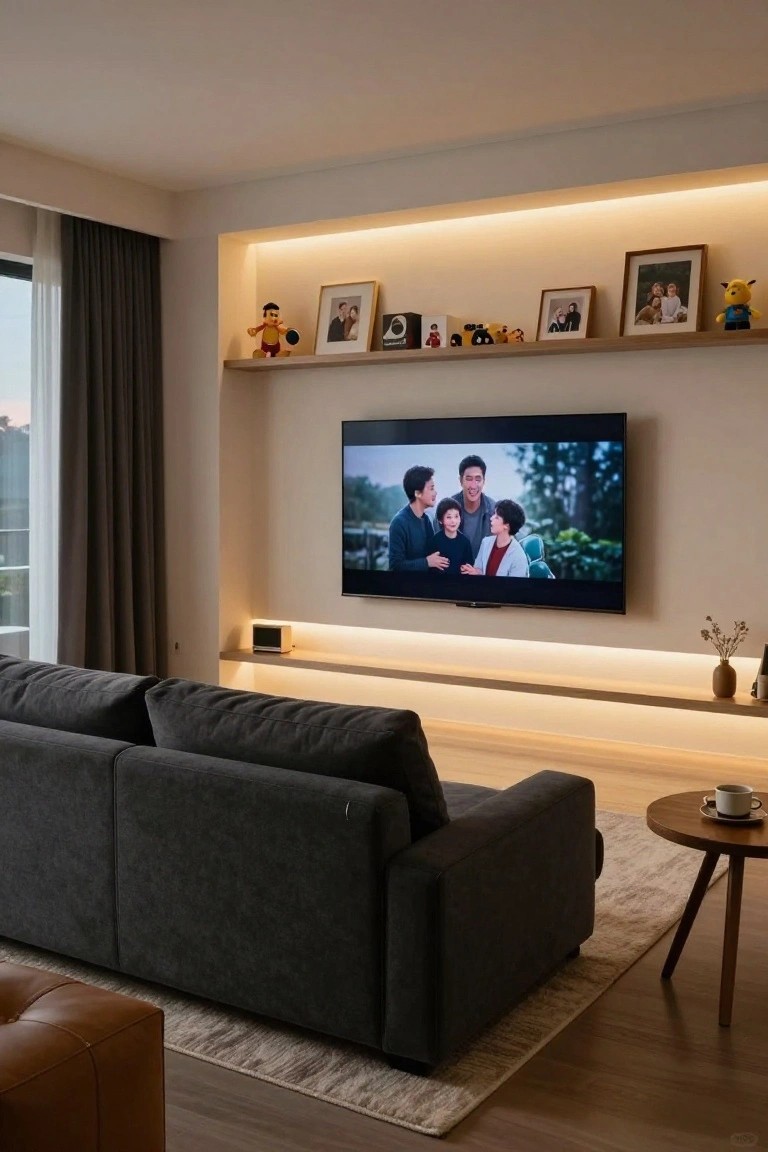 Modern living room with large gray fabric sectional sofa facing wall-mounted TV on wooden shelf unit with LED lighting, displaying toys and family photos, gray curtains on large windows, wooden side table with teacup, and tan leather ottoman on light wood floor.