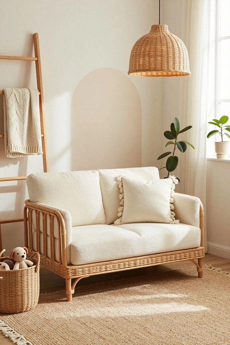 Cream-upholstered rattan loveseat in a light beige room corner with wooden ladder shelf holding a blanket, woven pendant lamp overhead, potted plants, window with sheer curtain, and woven basket of stuffed toys on seagrass rug.