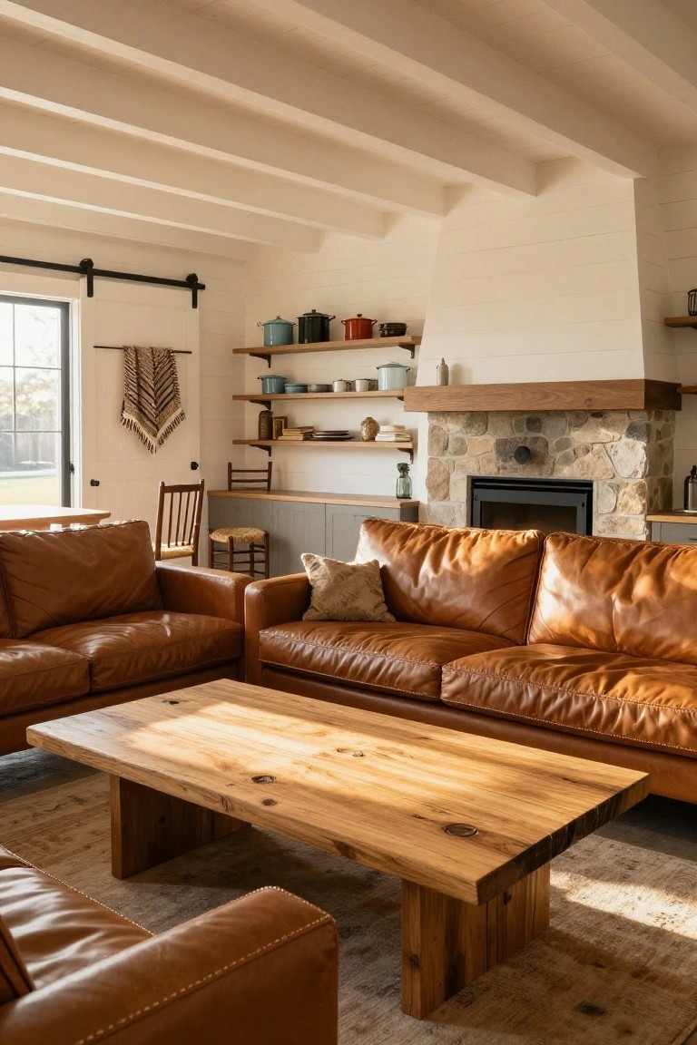 A living room with two tan leather sofas facing each other across a large wooden coffee table, next to a stone fireplace and open kitchen shelving on white walls with exposed beams.