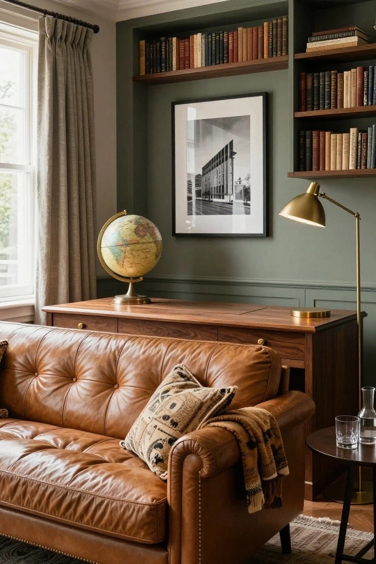 Tan tufted leather sofa with button details and nailhead trim in a green study room featuring wooden bookshelves, credenza, brass lamp, globe, and framed photo.
