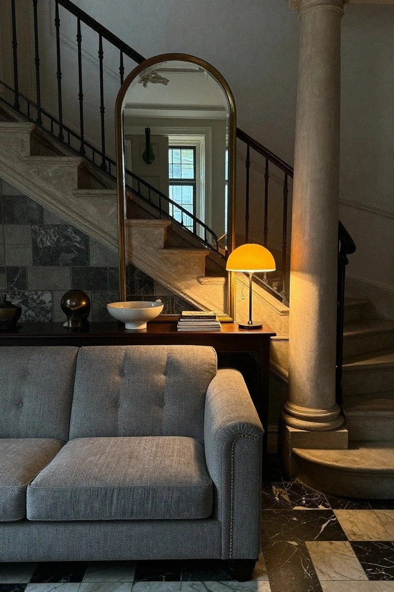Gray tufted two-seater sofa against a wooden console table holding a white bowl, bronze objects, books, and orange lamp, beside a marble staircase with black and white checkered floor, gold-framed oval mirror, and stone column in a grand interior.
