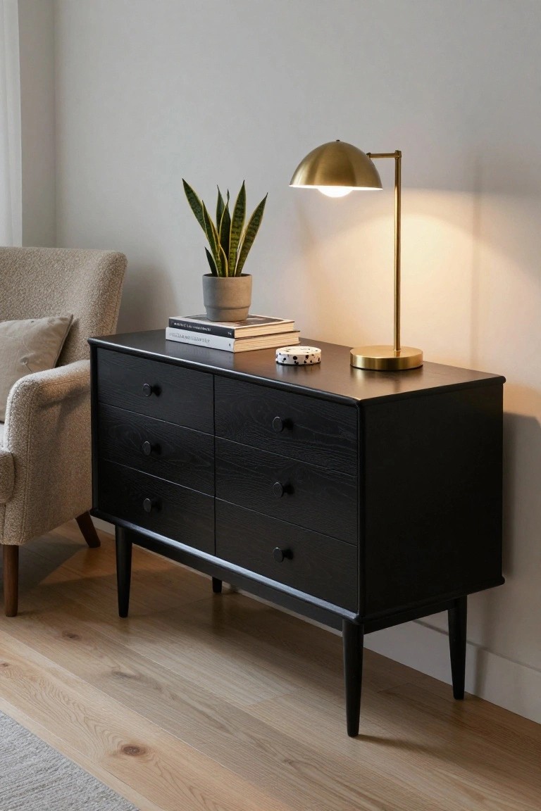 A black wooden dresser with six drawers and tapered legs sits on light wood flooring beside a beige armchair, with a brass lamp, stack of books, and potted plant on top.