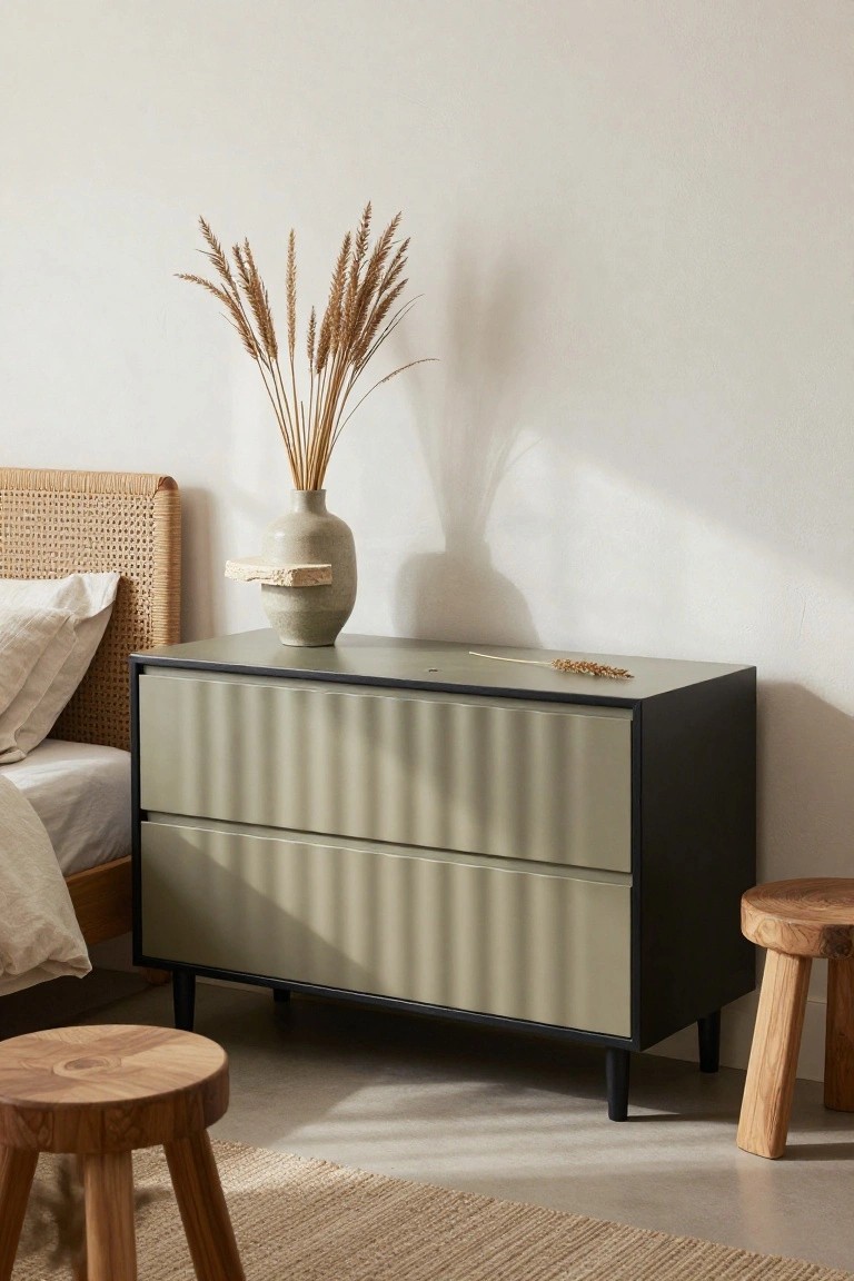 A sage green fluted dresser with a black frame sits in a minimalist bedroom beside a woven headboard.