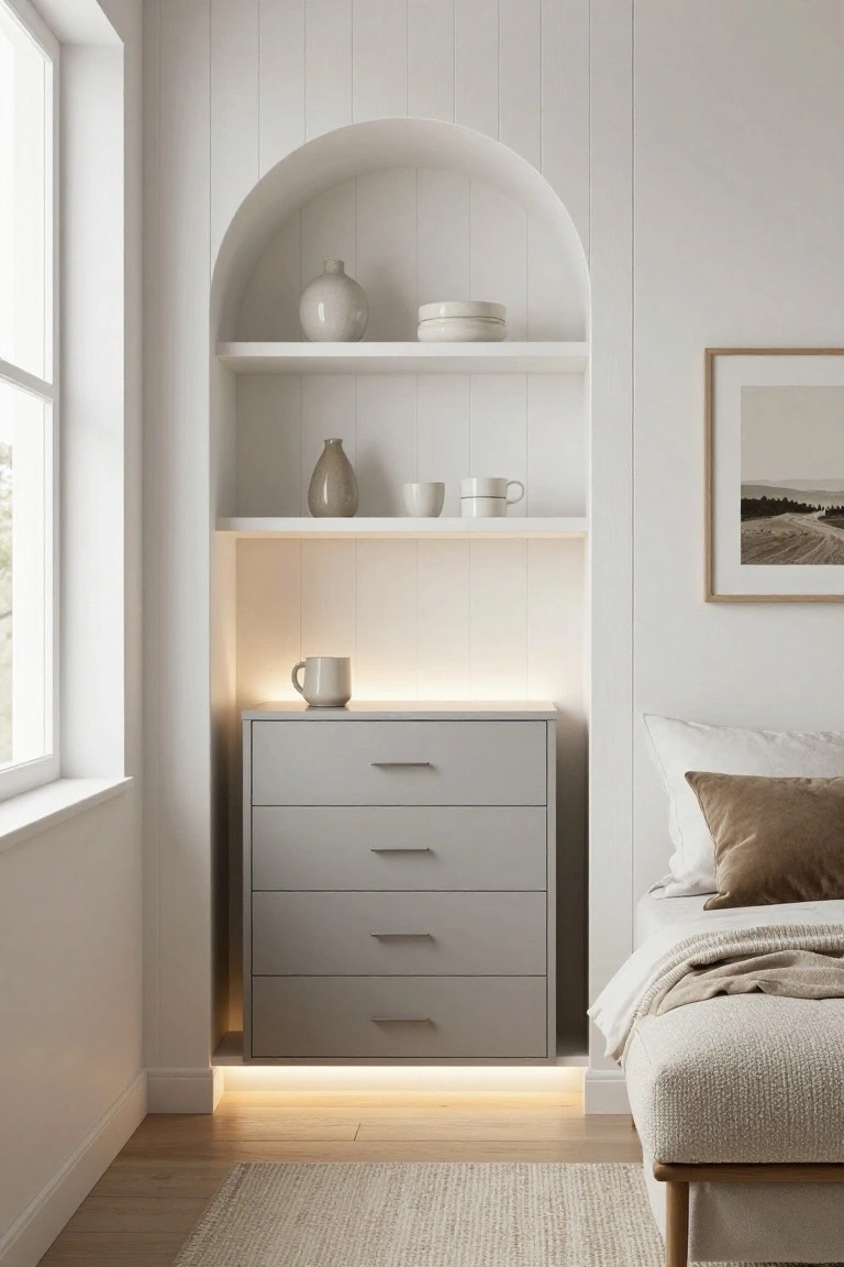 A minimalist bedroom with a built-in gray dresser set inside an arched white niche, shelves above holding ceramics, and warm under-lighting.