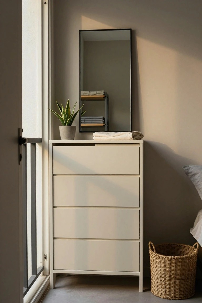 White dresser with mirror, plant, and basket by window.