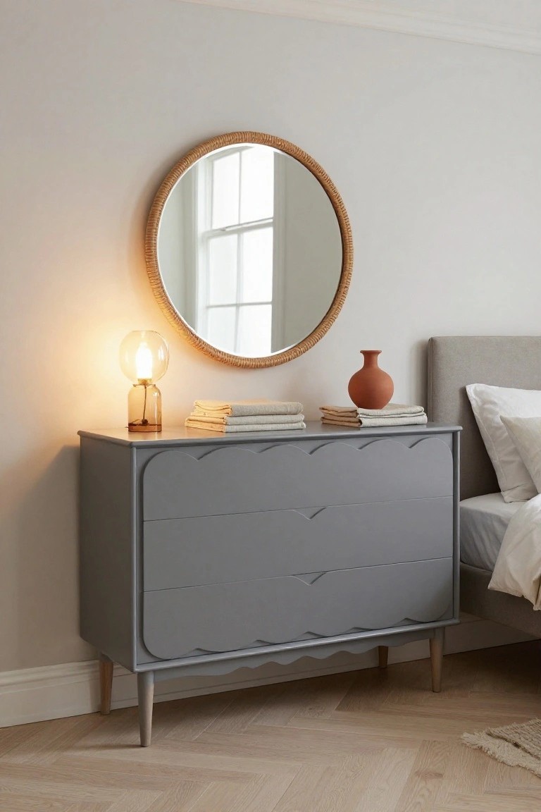 A gray dresser with scalloped drawer fronts sits under a round woven mirror in a bedroom, topped with a lit lamp and folded linens.