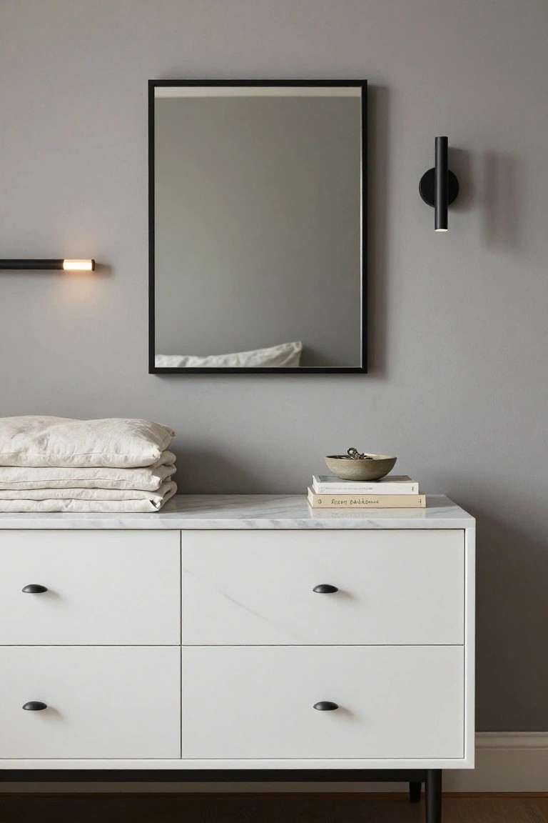 A white four-drawer dresser with a marble top holds folded linens on the left and a small stack of books with a bowl on the right, with a black-framed mirror above it.