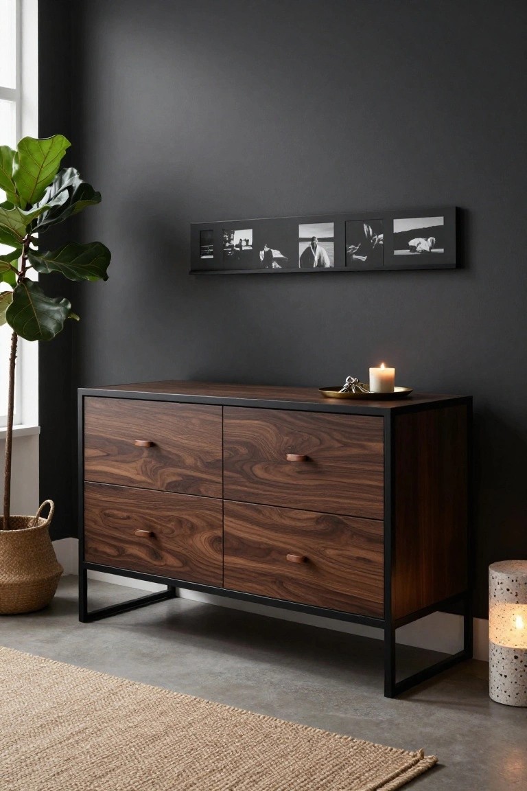 Modern walnut wood dresser with black frame against a dark wall.