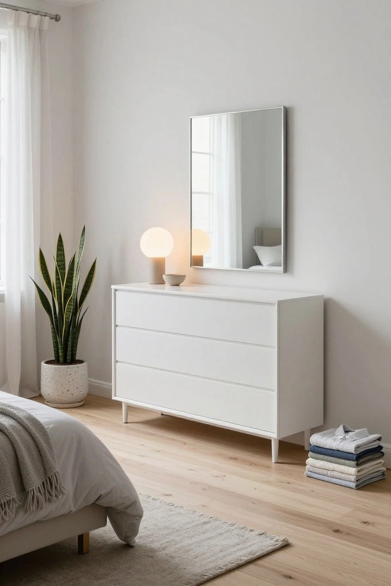 A white minimalist dresser with four drawers and tapered legs sits against a light wall beneath a large rectangular mirror, with a snake plant and two lamps nearby.